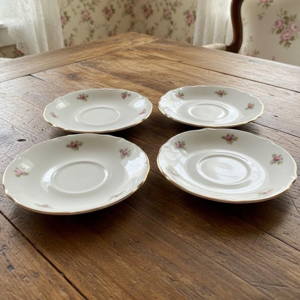 Bavaria Western Germany Elfenbein Rose‎ Bud Saucers, Set of 4, Vintage Plates